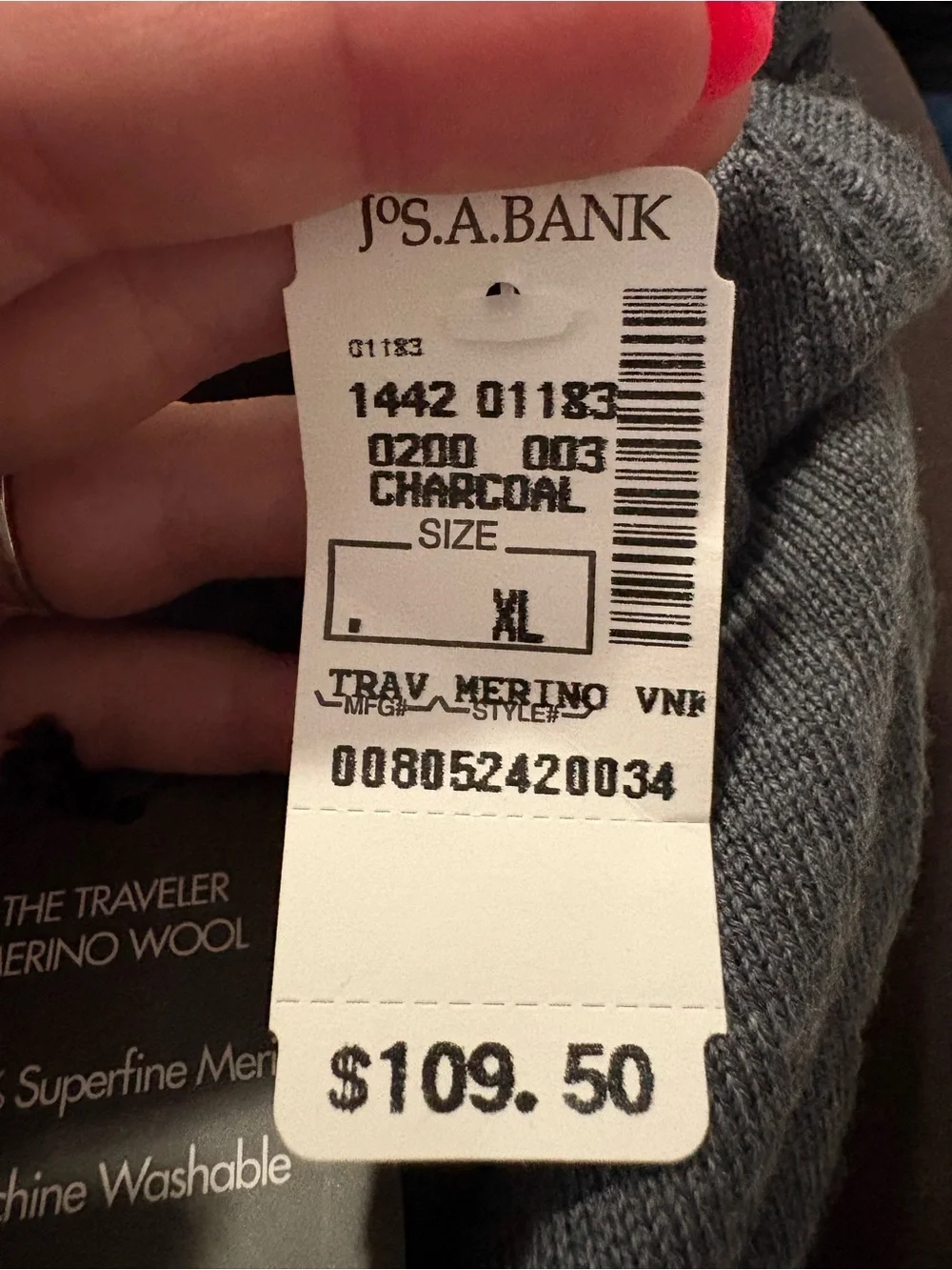 NWT Jos. A. Bank Traveler Merino Wool Charcoal V-Neck Sweater